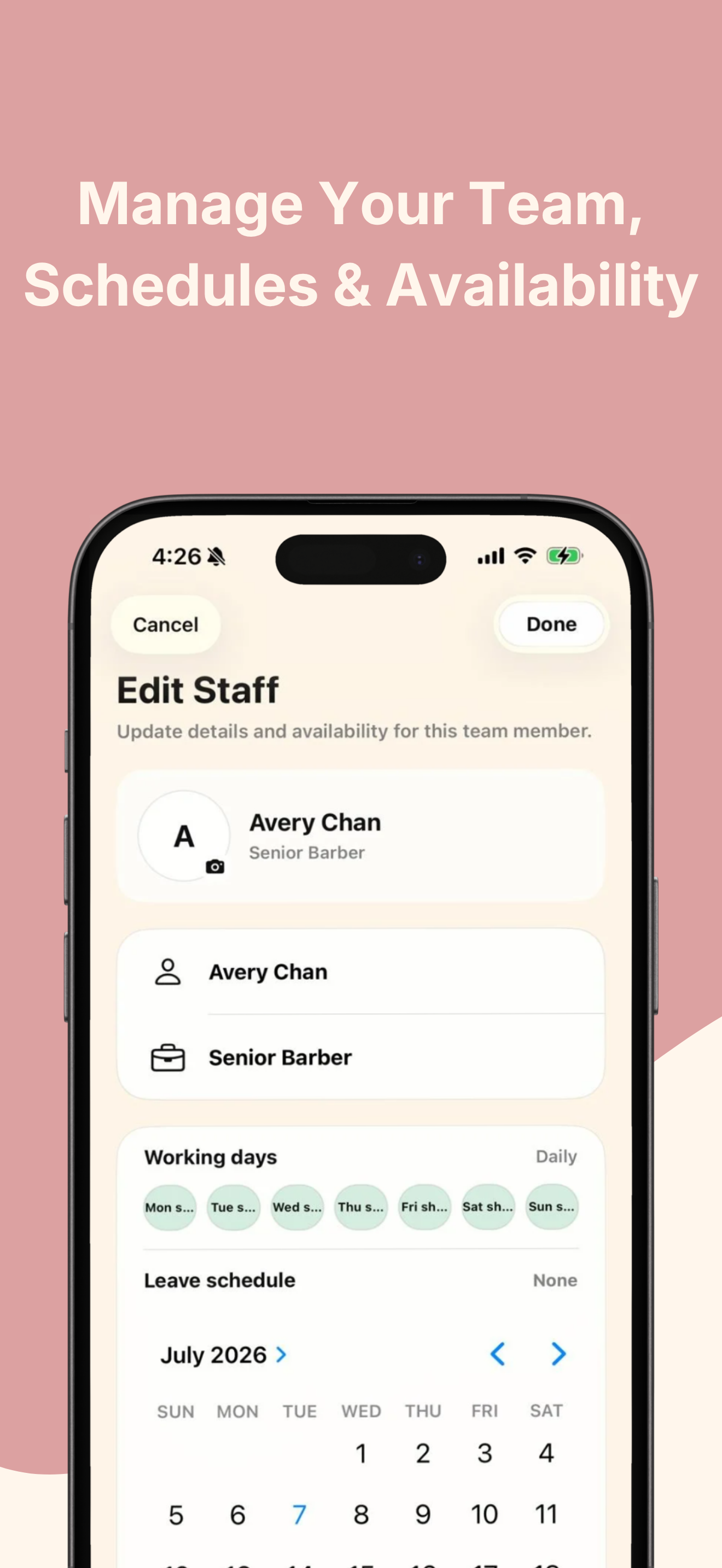 BookMay Business staff schedule screen